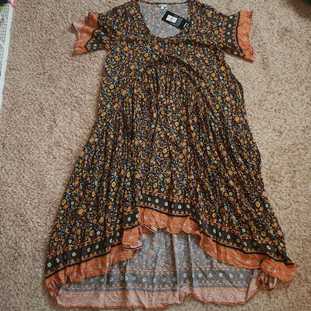 Avenue Dress Women 20 Blue Orange Floral Boho High-Low V-Neck Short Sleeve NWT